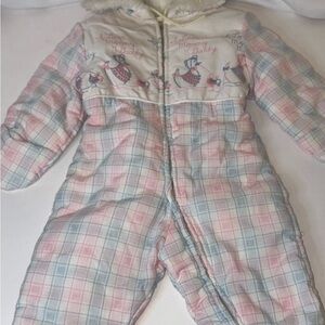 Vintage 12 month Plaid Baby Snowsuit  Embroidered ‘ I Love Mommy & Daddy’ Ducks